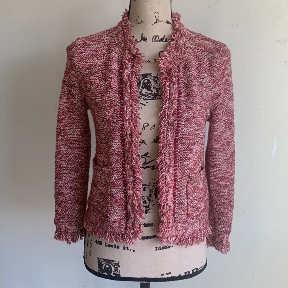 Anthropologie Angle Of The North Eliot Fringe Red White Cardigan Sweater Small - Picture 2 of 9